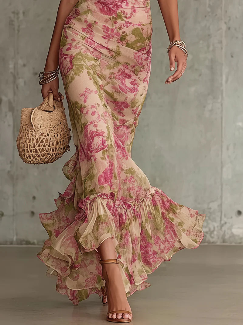 Vestido Maxi Rosa Vintage con Mangas Abullonadas