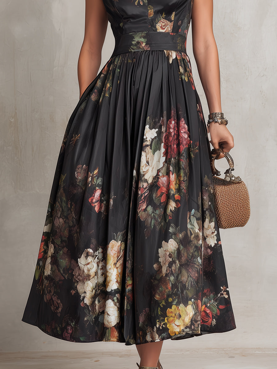 Vestido Midi Negro de Satén Plisado con Escote Lágrima