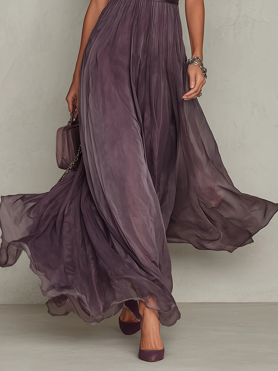 Vestido Maxi Morado de Chifón con Escote Abierto