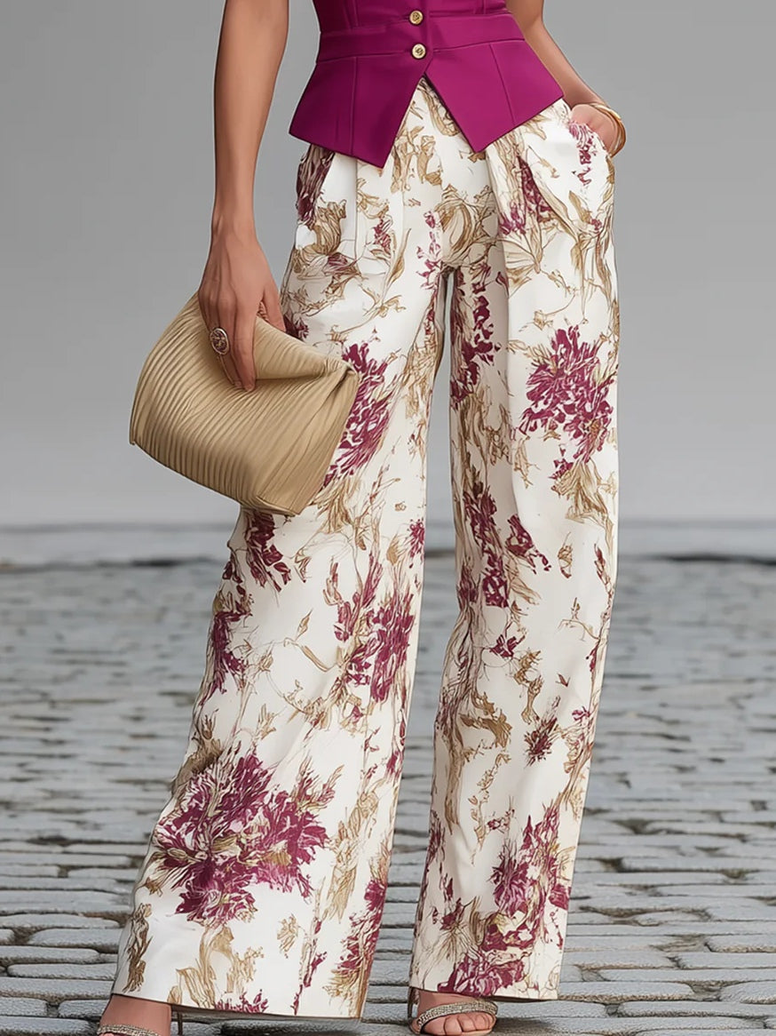 Conjunto Rosa de Chaleco y Pantalón Floral de Pierna Ancha
