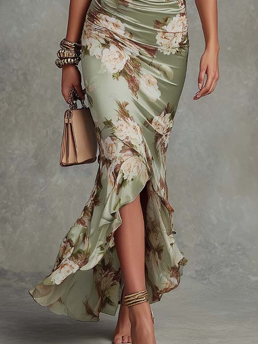 Vestido Maxi Asimétrico Verde de Satén Floral