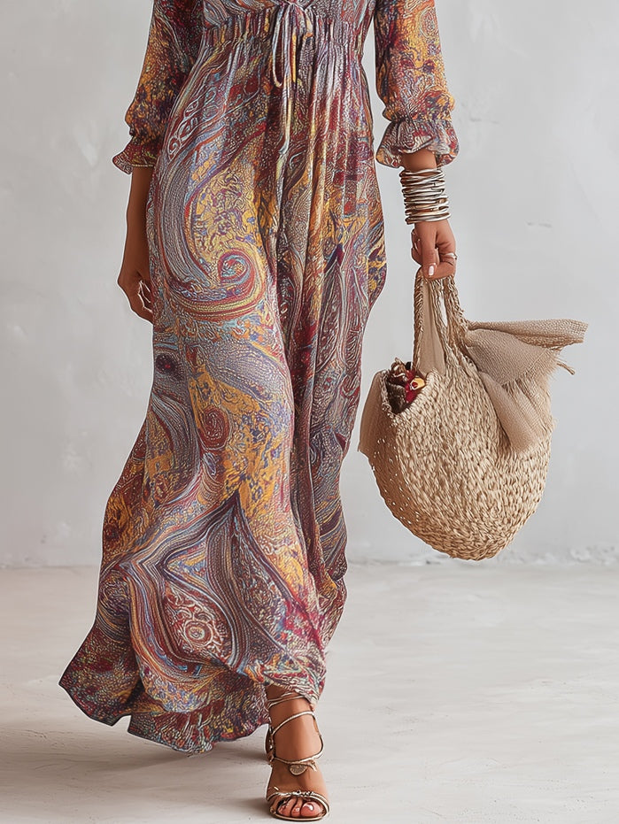 Vestido Maxi de Chifón con Estampado Paisley y Escote V