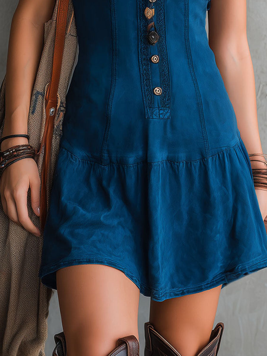 Vestido Mini Índigo sin Mangas con Escote V y Botones