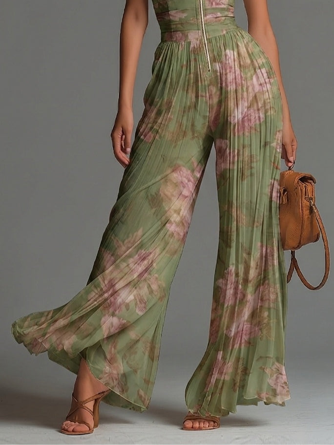 Jumpsuit Verde Floral de Chifón con Pierna Ancha