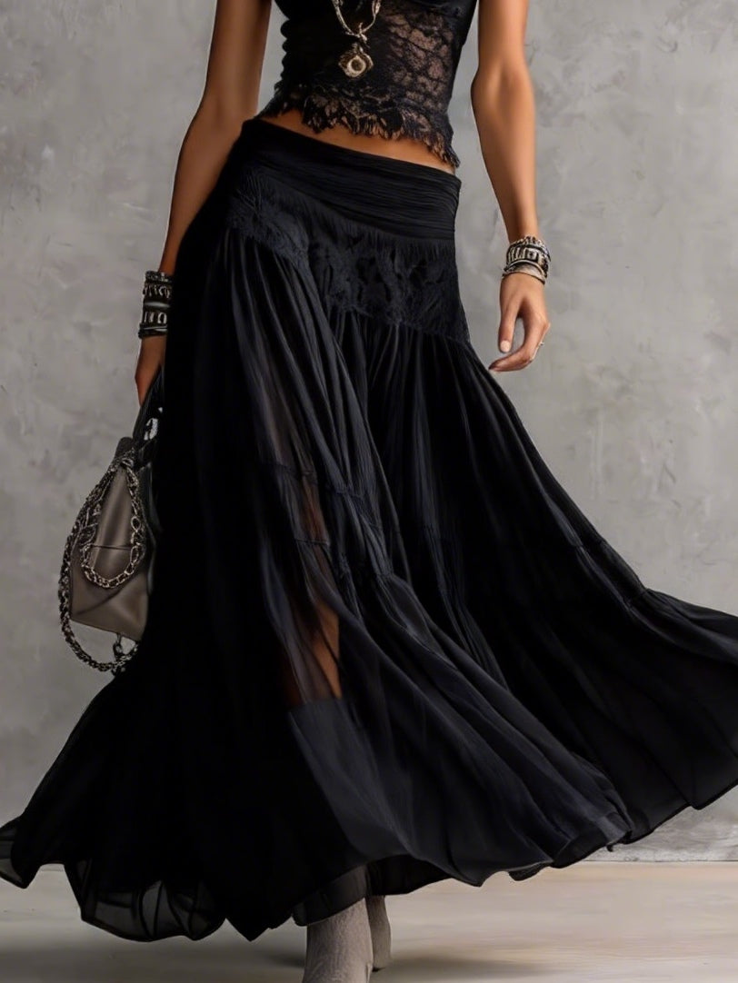 Conjunto Negro de Top de Encaje y Falda Maxi Plisada
