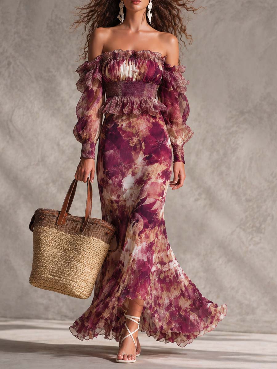 Vestido Maxi Rosa de Chifón con Hombros Descubiertos