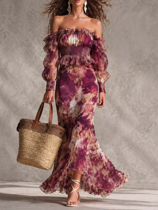 Vestido Maxi Rosa de Chifón con Hombros Descubiertos