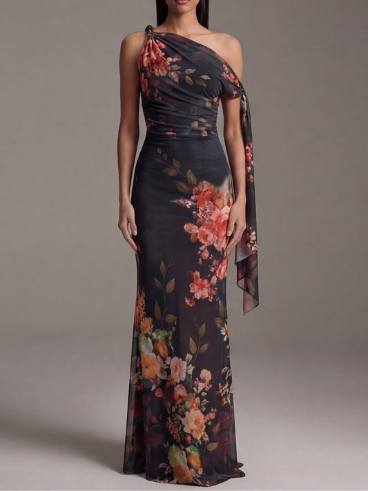 Vestido Maxi Negro de Chifón Plisado a un Hombro
