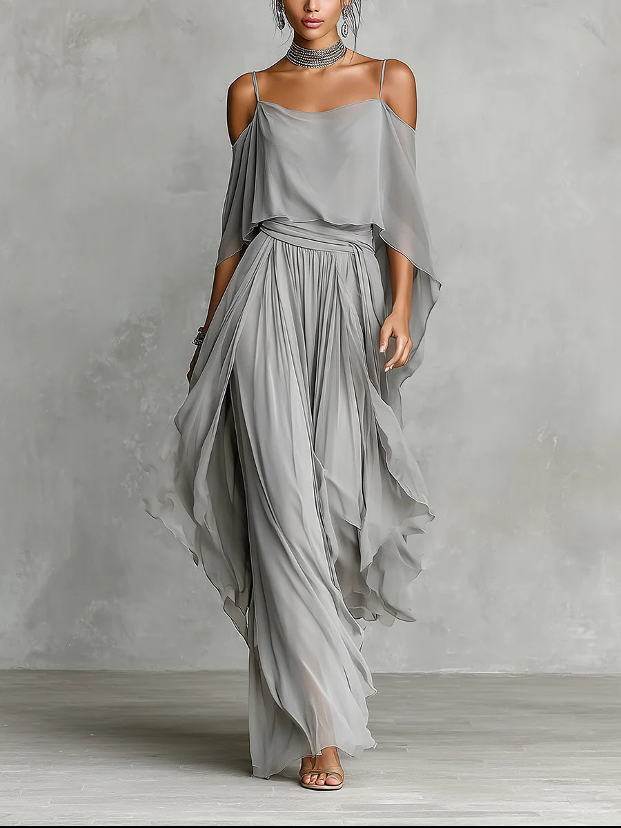 Conjunto Gris de Chifón con Top Fluido y Pantalón