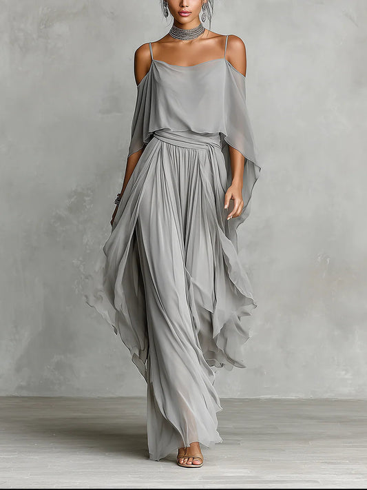 Conjunto Gris de Chifón con Top Fluido y Pantalón