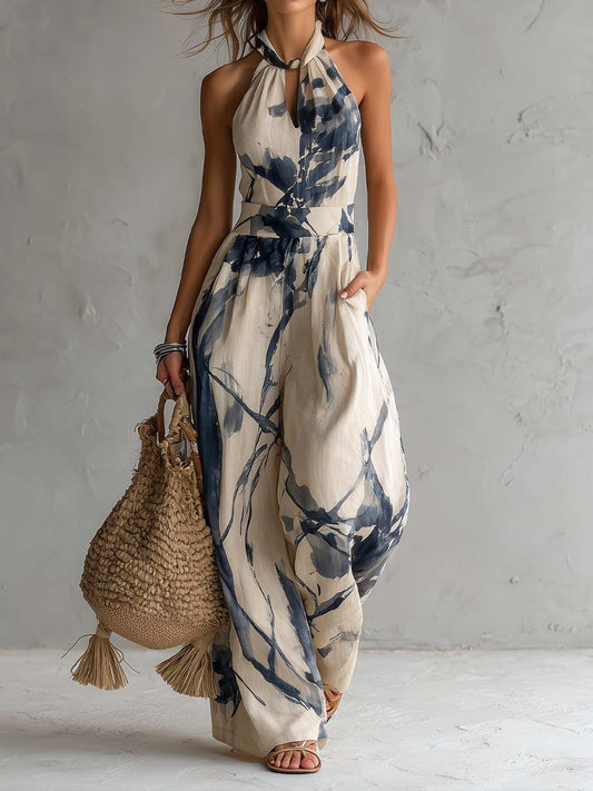 Jumpsuit Halter con Estampado de Tinta y Bolsillos