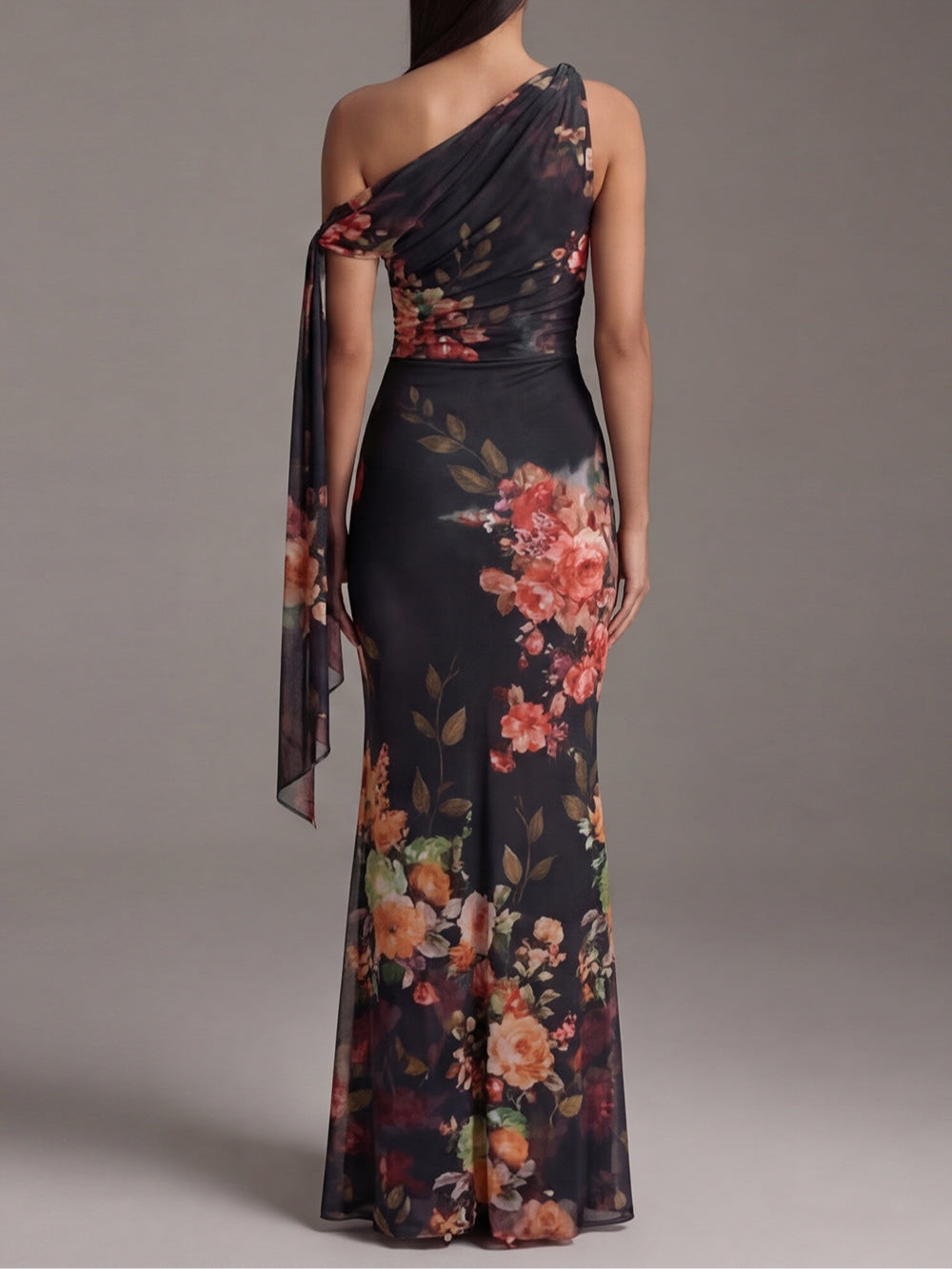 Vestido Maxi Negro de Chifón Plisado a un Hombro