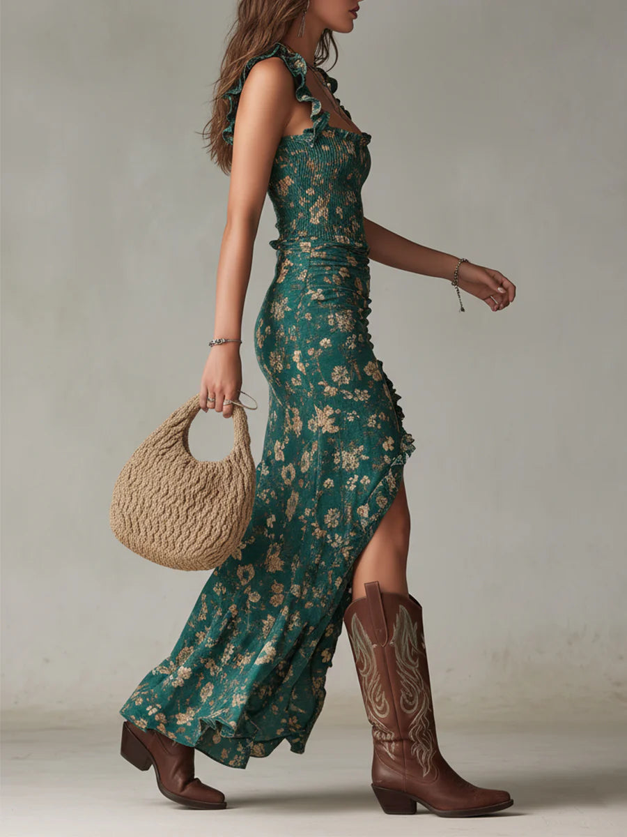Vestido Maxi Verde Bohemio con Mangas de Volantes
