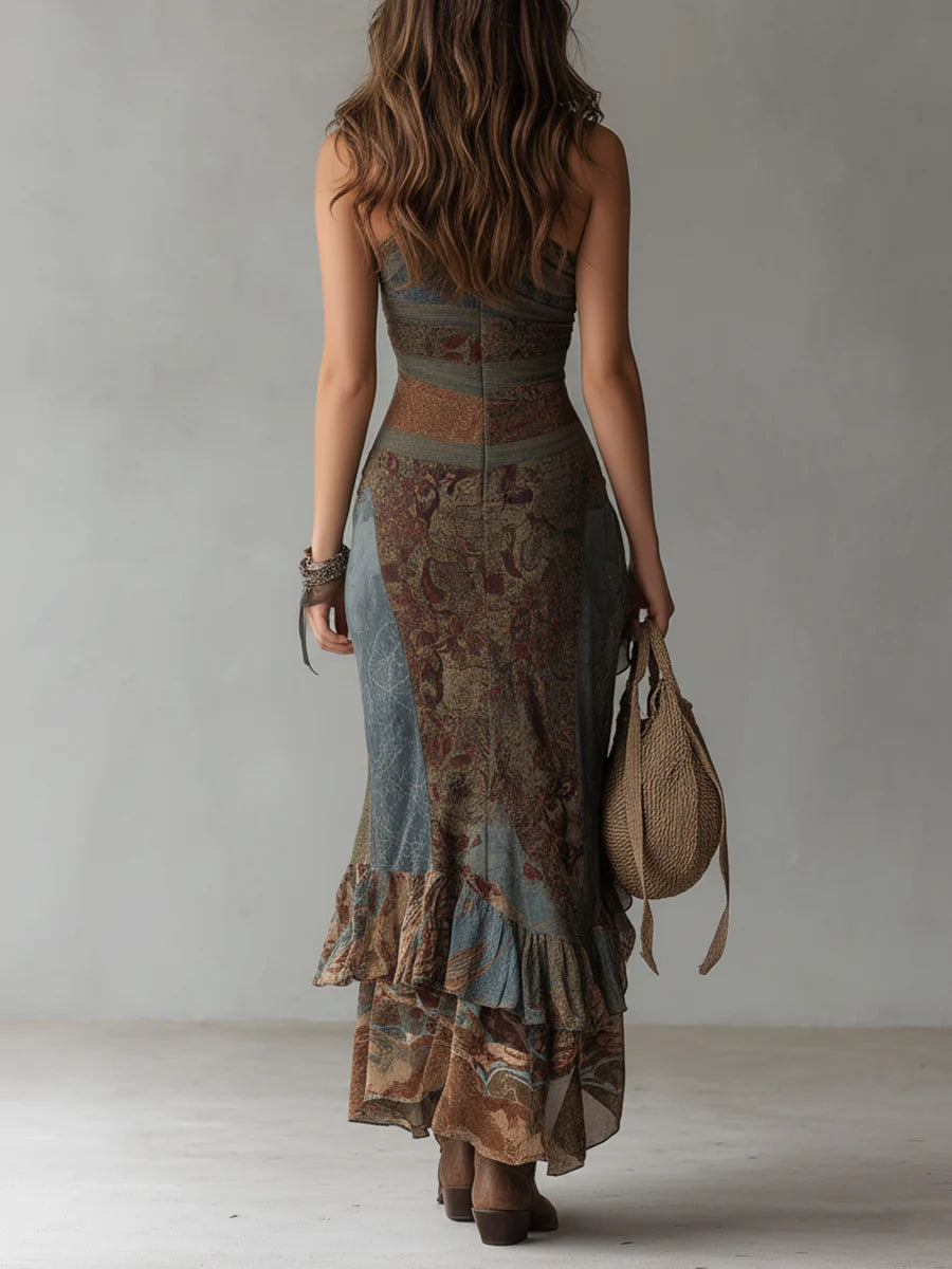 Vestido Maxi Étnico con Hombro Descubierto