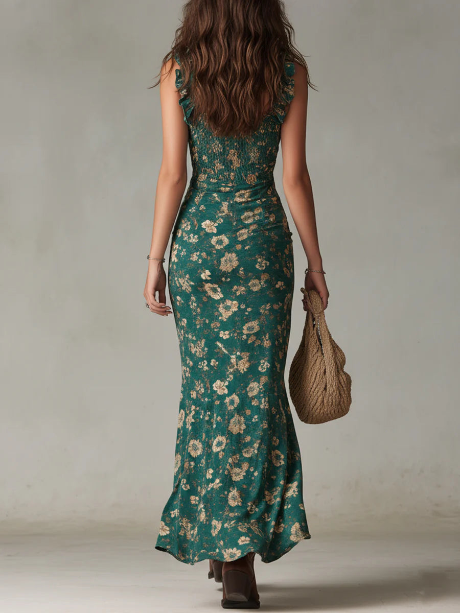 Vestido Maxi Verde Bohemio con Mangas de Volantes