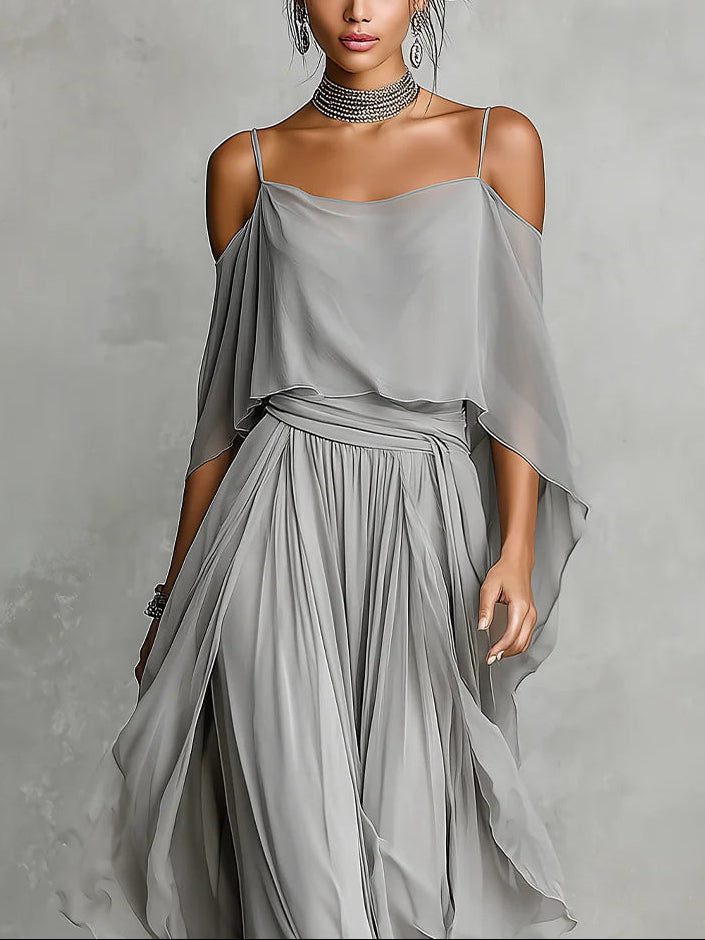 Conjunto Gris de Chifón con Top Fluido y Pantalón