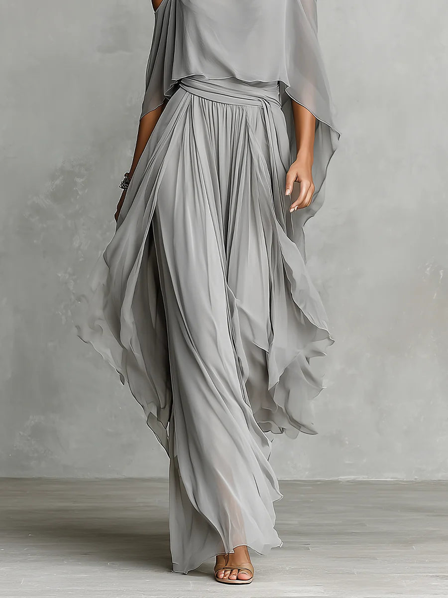 Conjunto Gris de Chifón con Top Fluido y Pantalón
