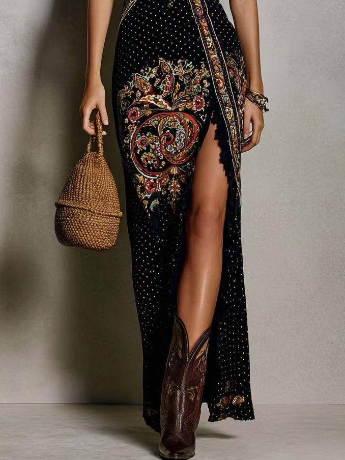 Vestido Largo Bohemio con Escote V y Abertura Alta