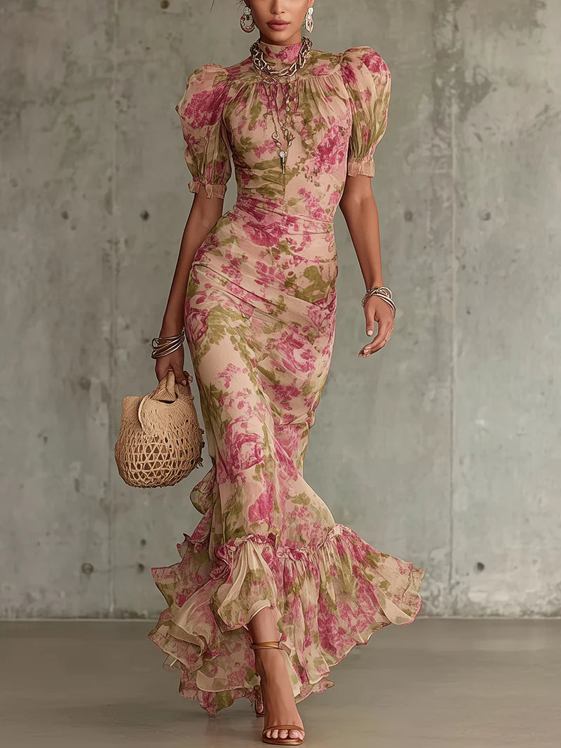 Vestido Maxi Rosa Vintage con Mangas Abullonadas