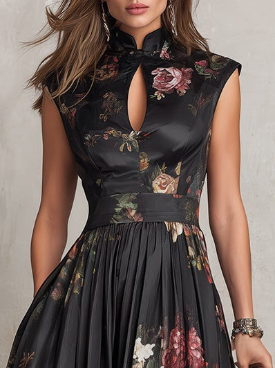 Vestido Midi Negro de Satén Plisado con Escote Lágrima