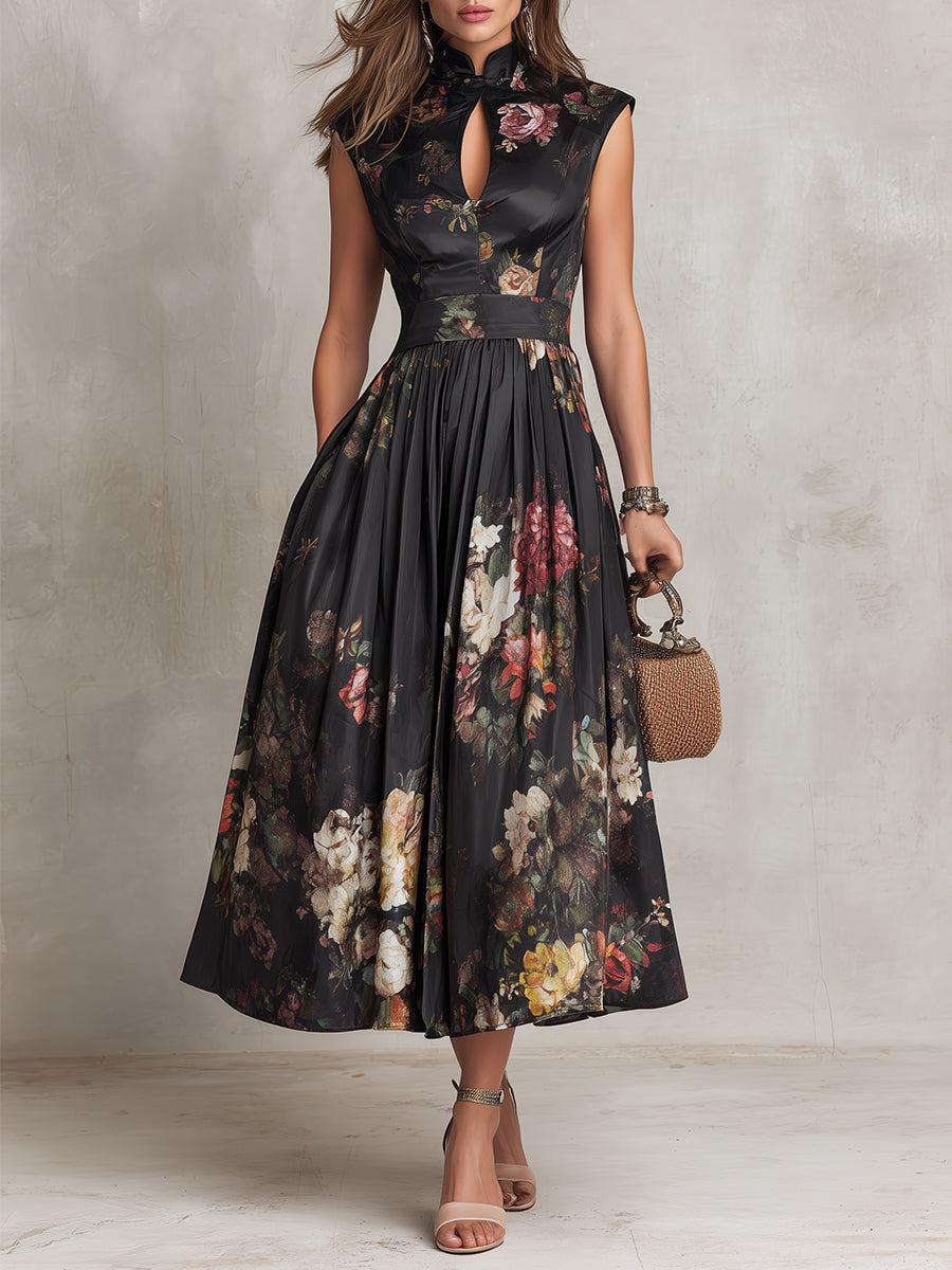 Vestido Midi Negro de Satén Plisado con Escote Lágrima