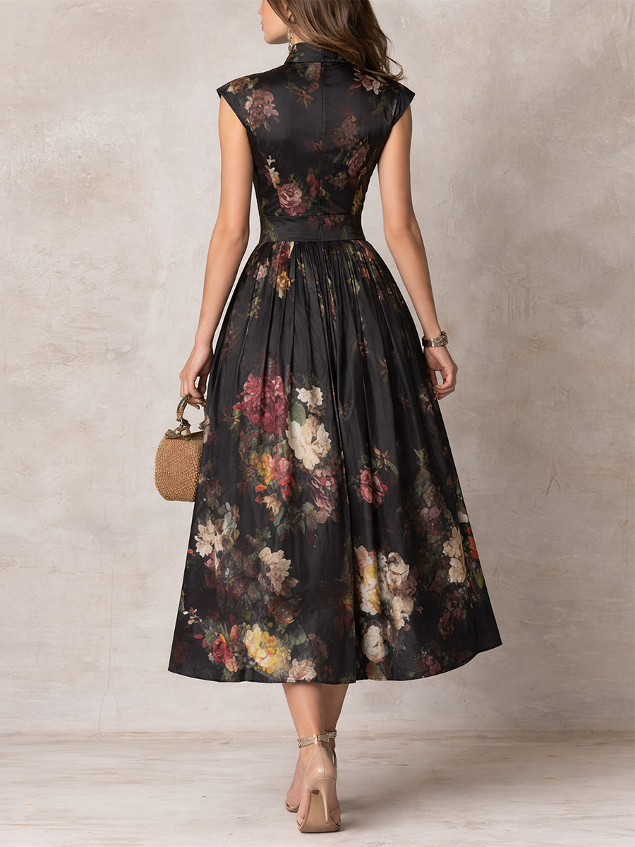 Vestido Midi Negro de Satén Plisado con Escote Lágrima
