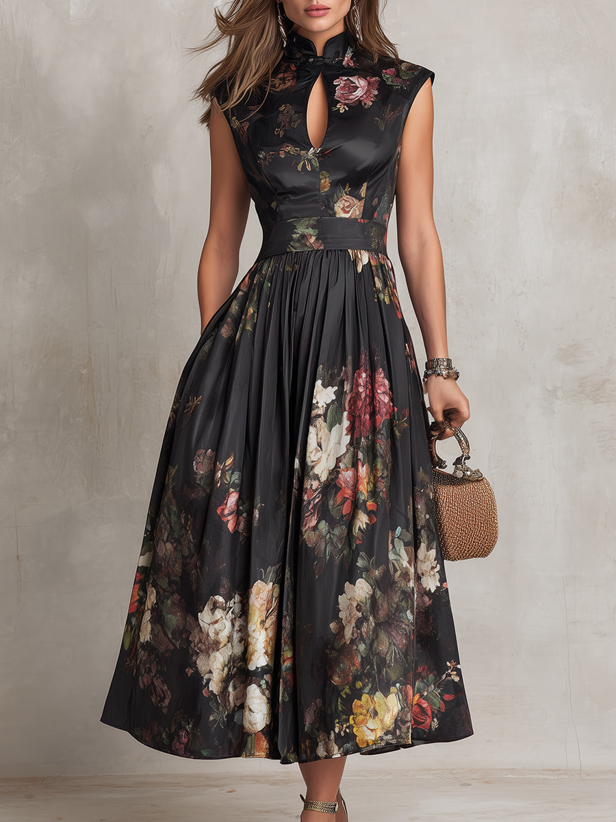 Vestido Midi Negro de Satén Plisado con Escote Lágrima