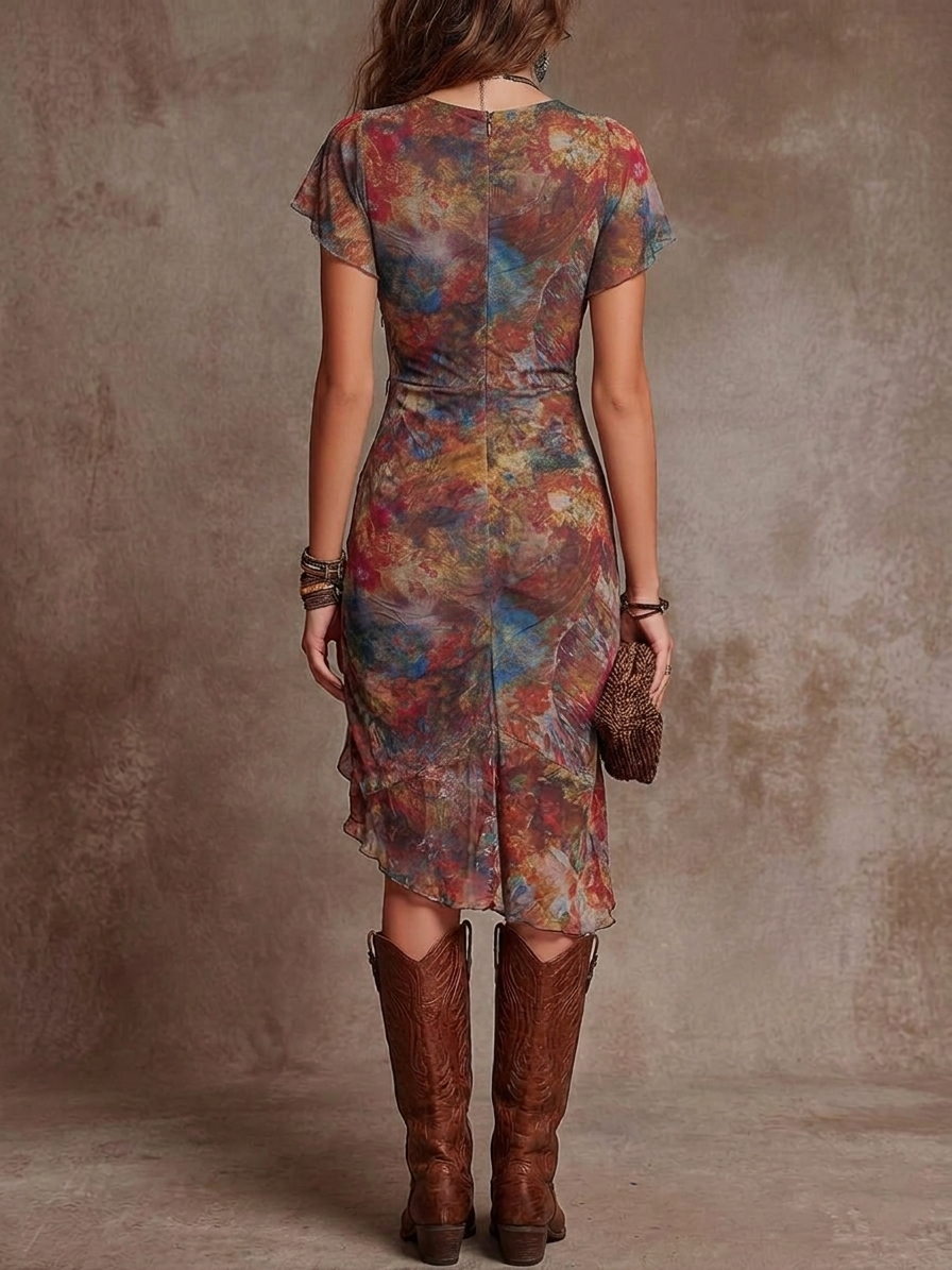 Vestido Midi Bohemio Plisado con Estampado Abstracto y Escote V