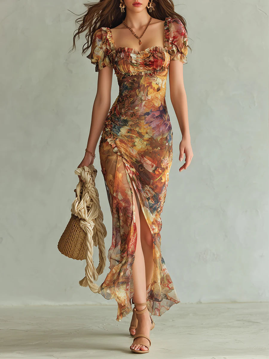 Vestido Maxi Naranja de Chifón con Estampado Óleo