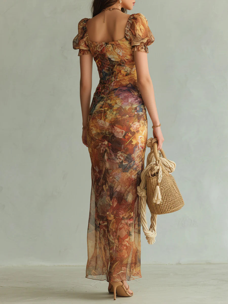 Vestido Maxi Naranja de Chifón con Estampado Óleo