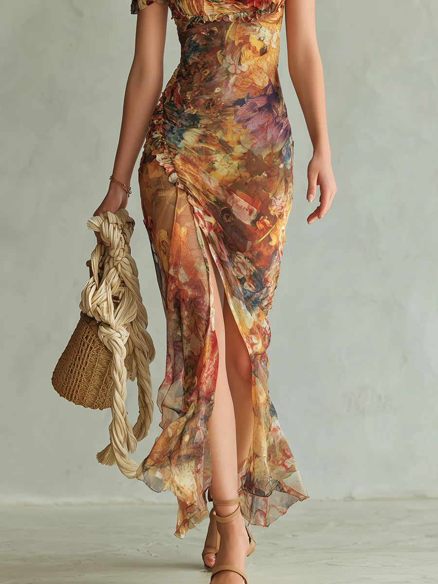 Vestido Maxi Naranja de Chifón con Estampado Óleo