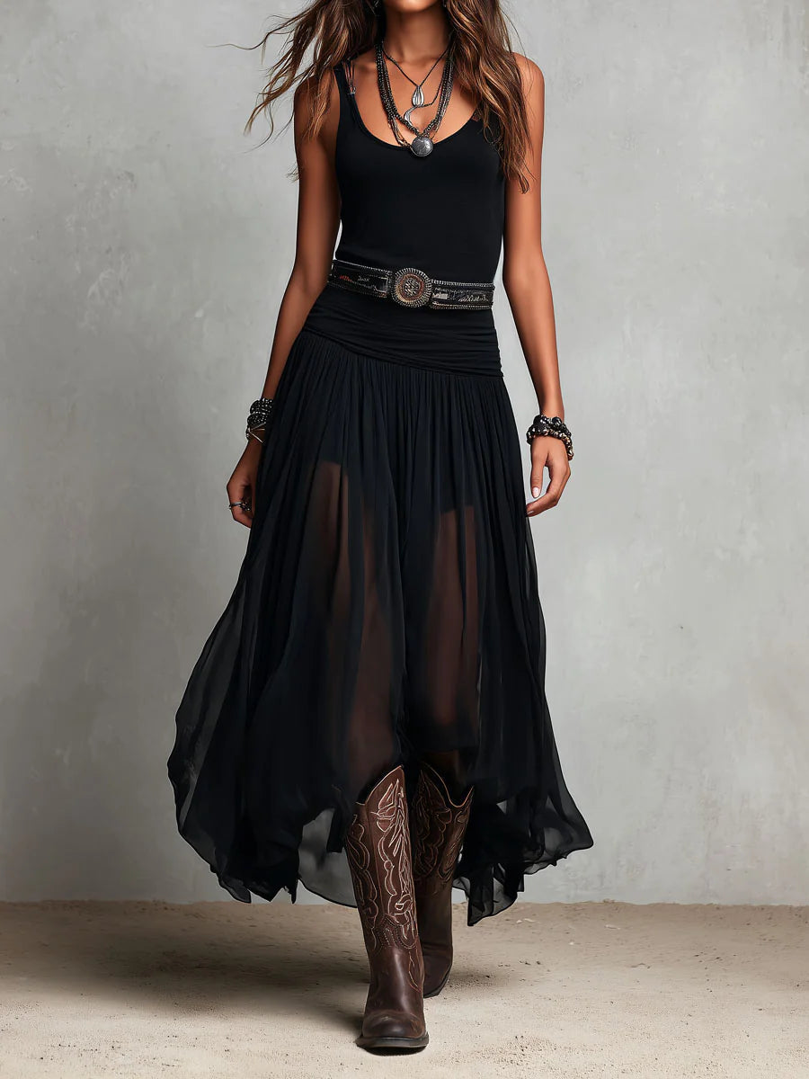 Conjunto Negro de Top y Falda Maxi de Tul