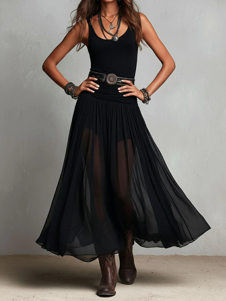 Conjunto Negro de Top y Falda Maxi de Tul