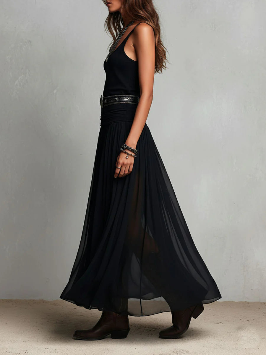 Conjunto Negro de Top y Falda Maxi de Tul