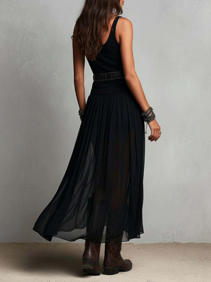 Conjunto Negro de Top y Falda Maxi de Tul