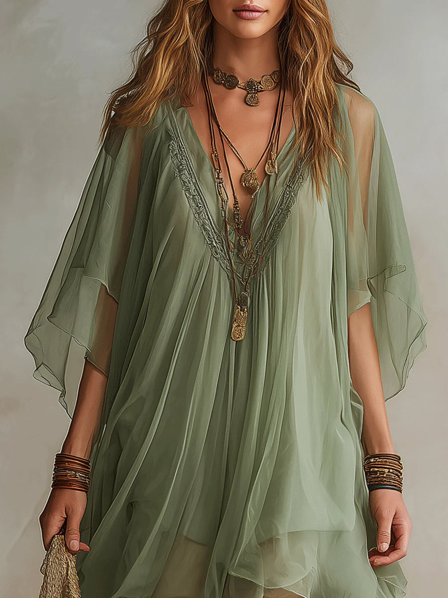 Vestido Mini Verde Fluido de Chifón con Escote V