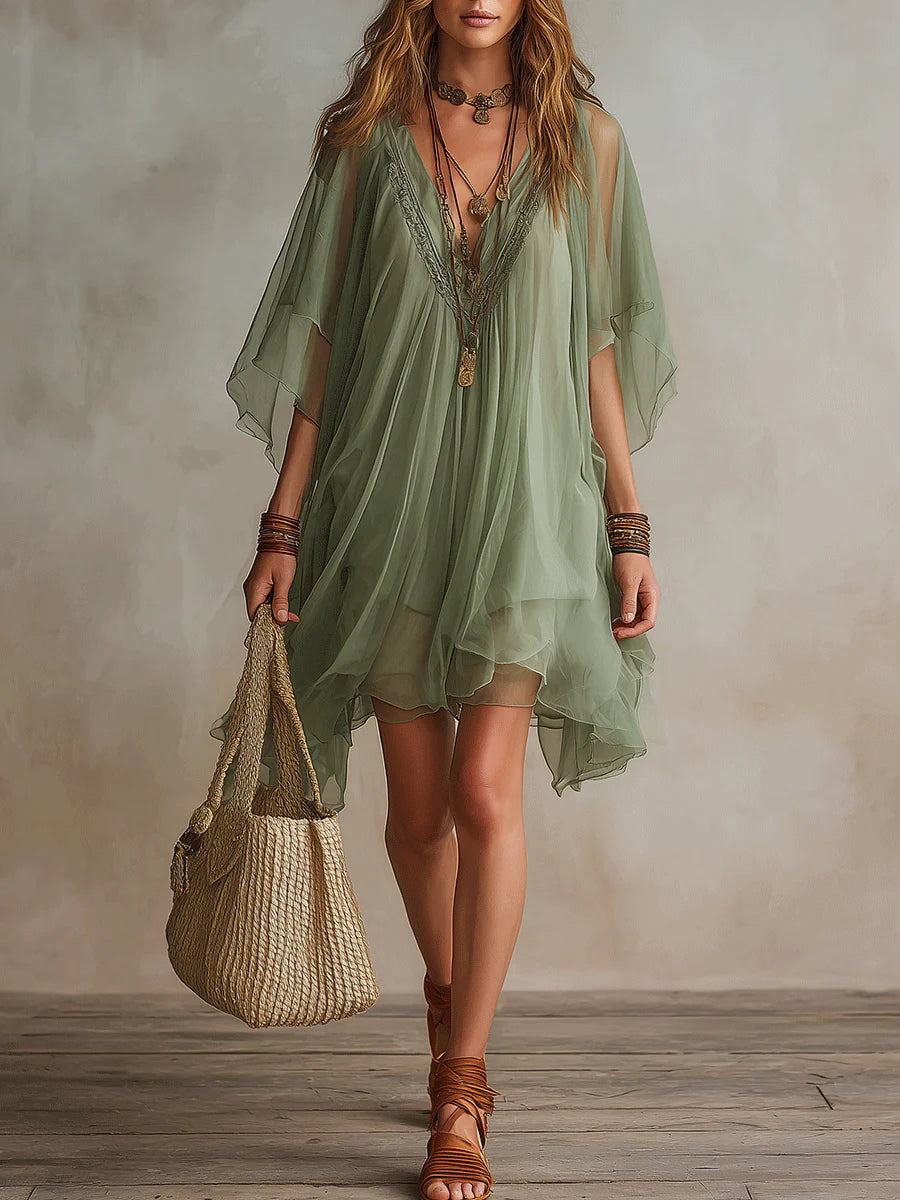 Vestido Mini Verde Fluido de Chifón con Escote V