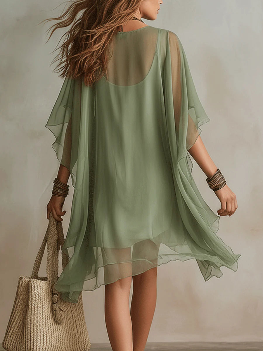 Vestido Mini Verde Fluido de Chifón con Escote V