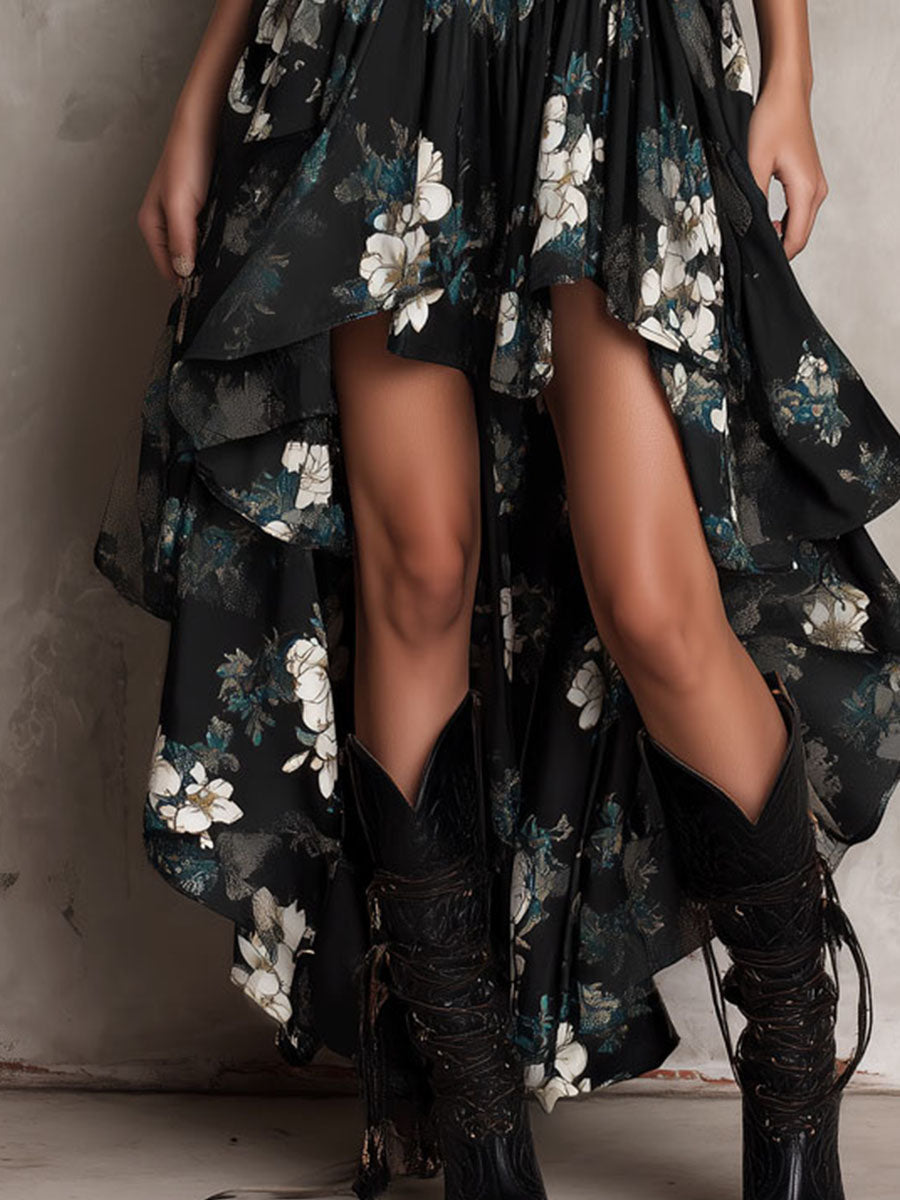 Vestido Maxi Negro Bohemio con Estampado Floral