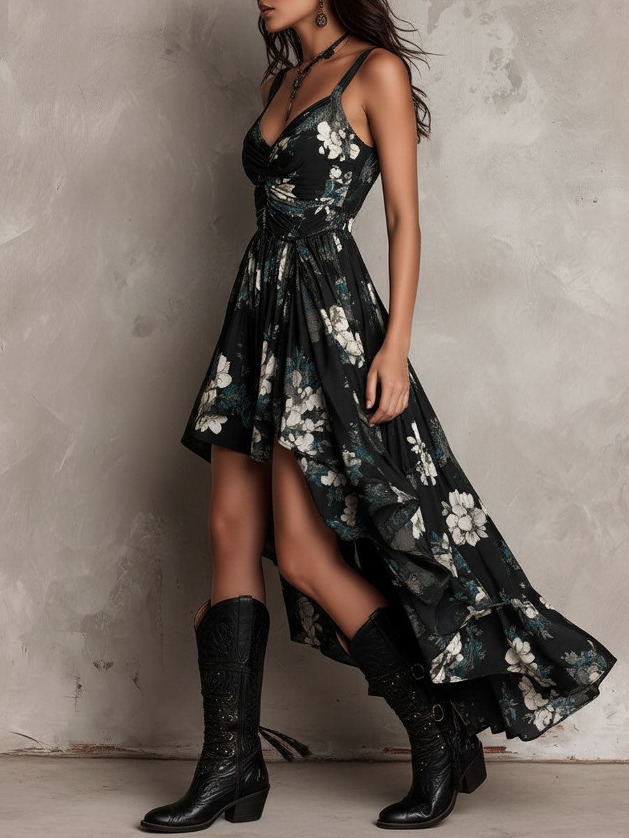 Vestido Maxi Negro Bohemio con Estampado Floral
