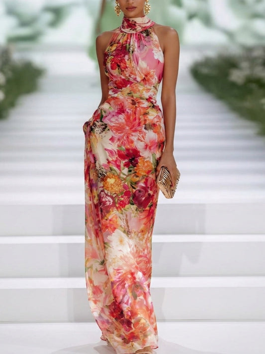 Vestido Maxi Rojo de Chifón con Escote Halter