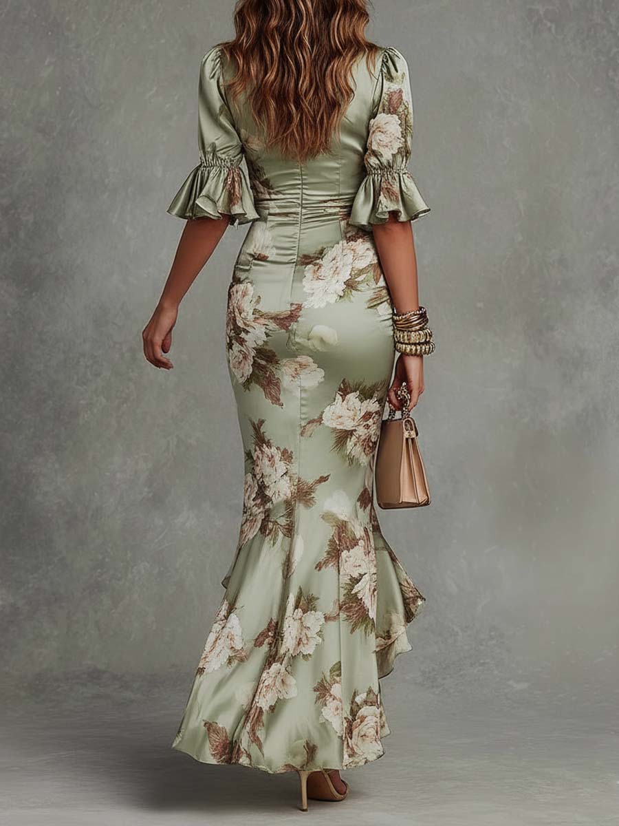 Vestido Maxi Asimétrico Verde de Satén Floral