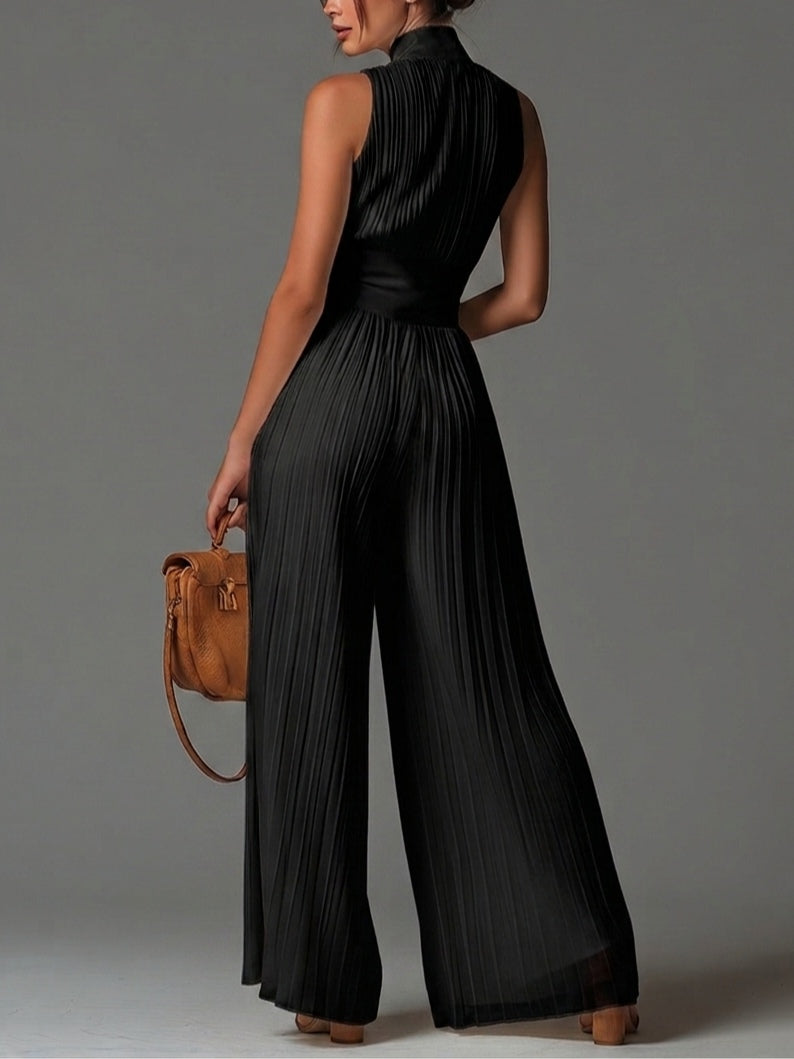 Jumpsuit Negro de Chifón con Escote V y Pierna Ancha
