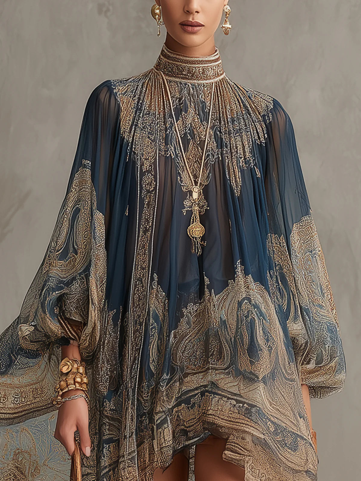Vestido Mini Azul Marino de Chifón con Estampado Barroco