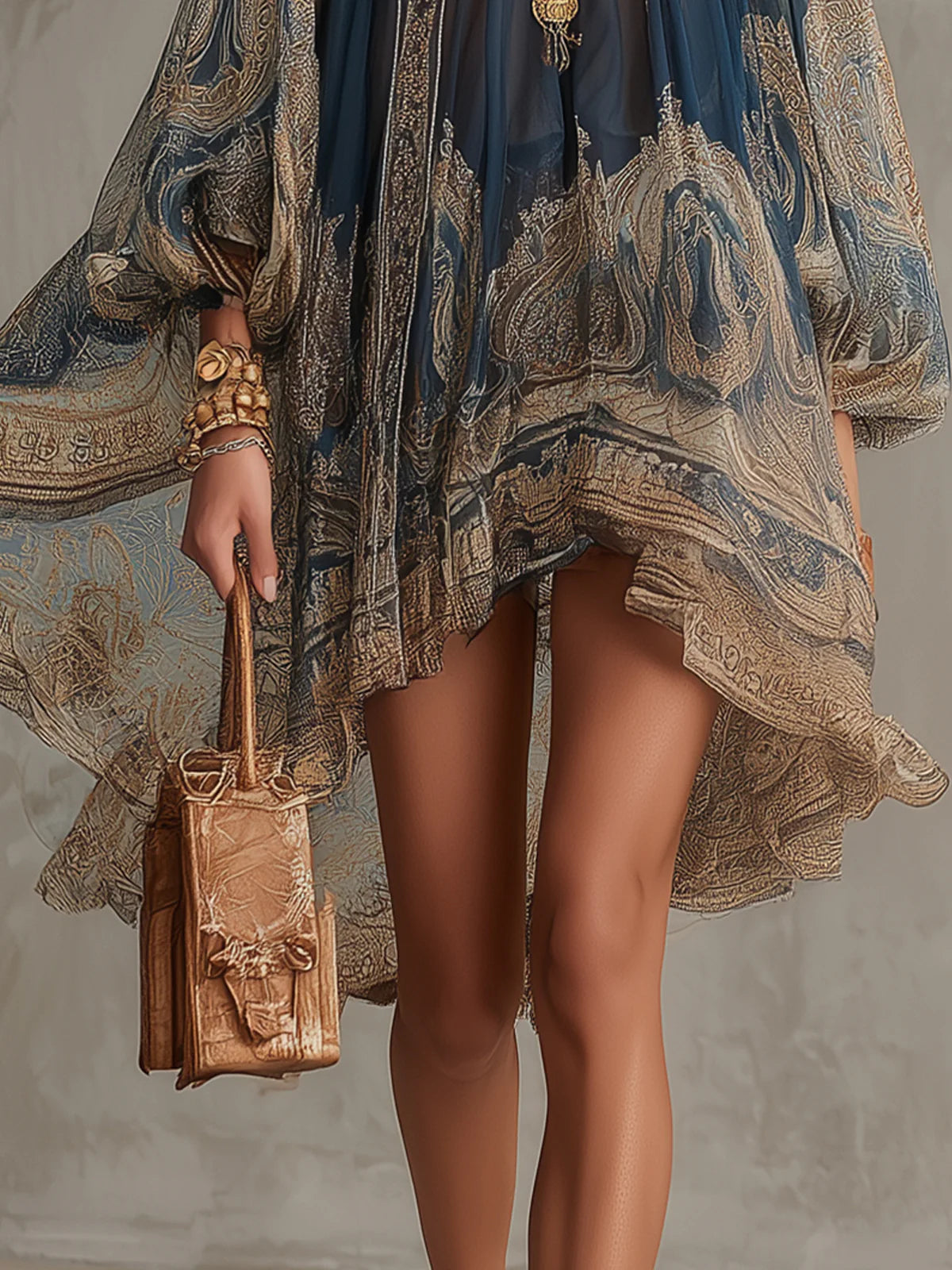 Vestido Mini Azul Marino de Chifón con Estampado Barroco