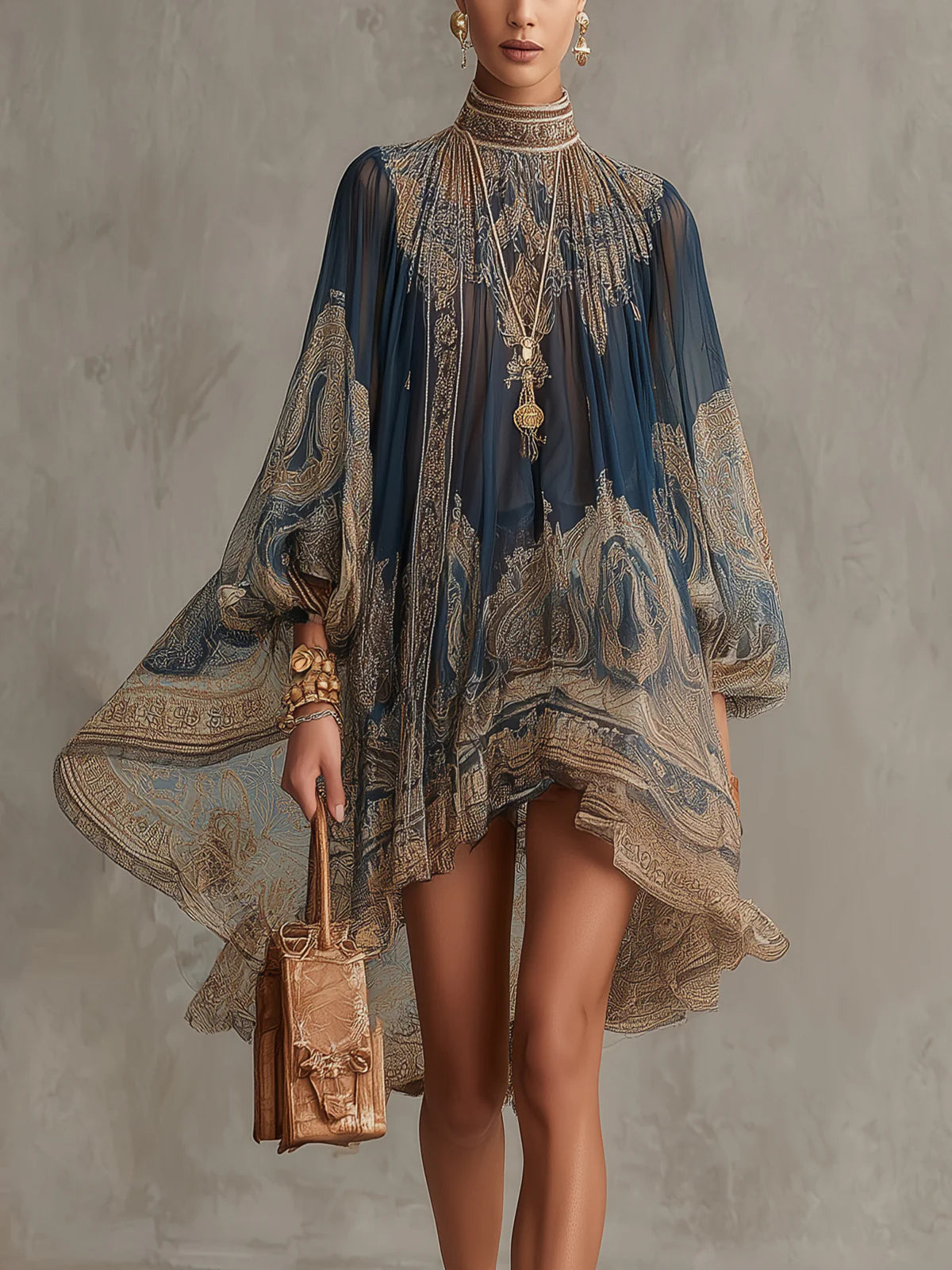 Vestido Mini Azul Marino de Chifón con Estampado Barroco