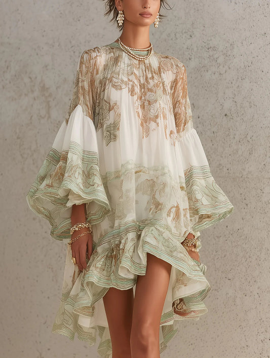 Vestido Mini Verde de Chifón con Rayas y Volantes