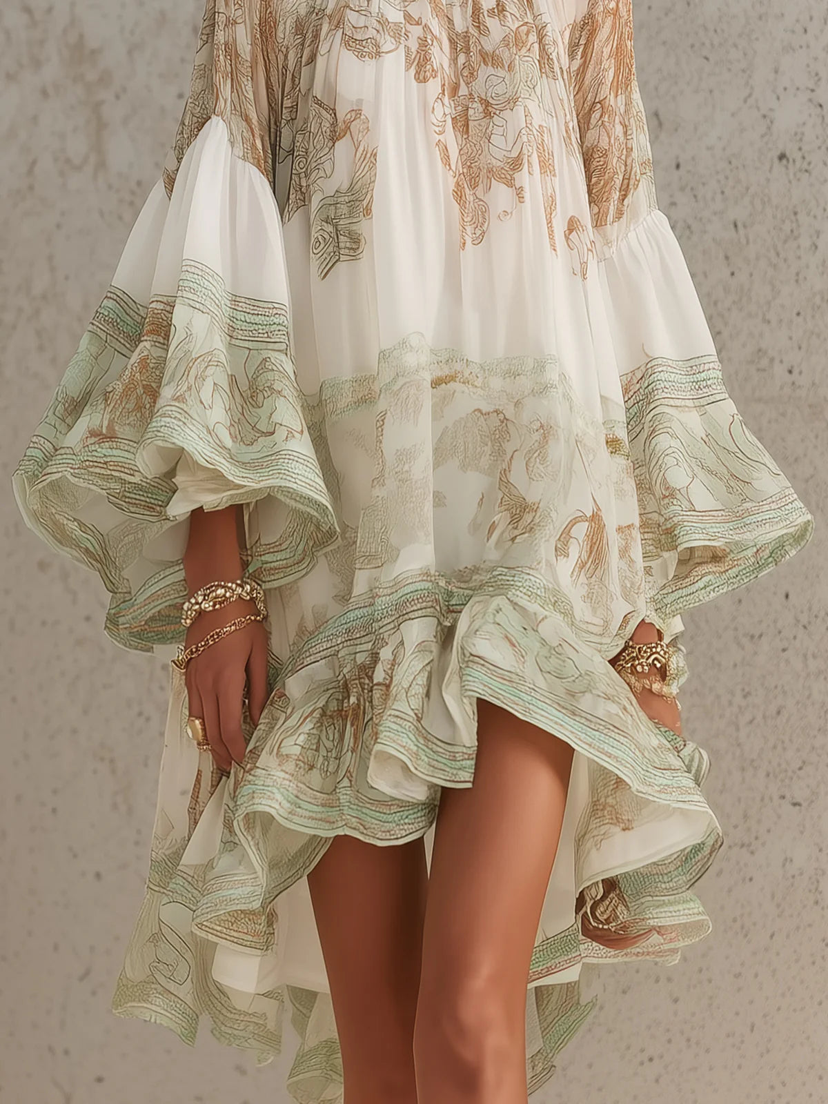 Vestido Mini Verde de Chifón con Rayas y Volantes