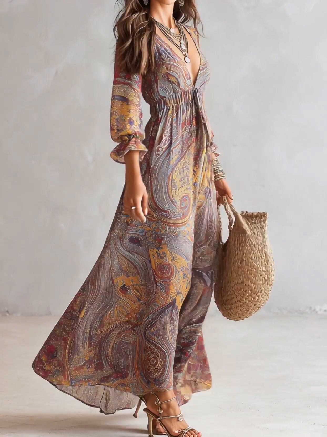 Vestido Maxi de Chifón con Estampado Paisley y Escote V