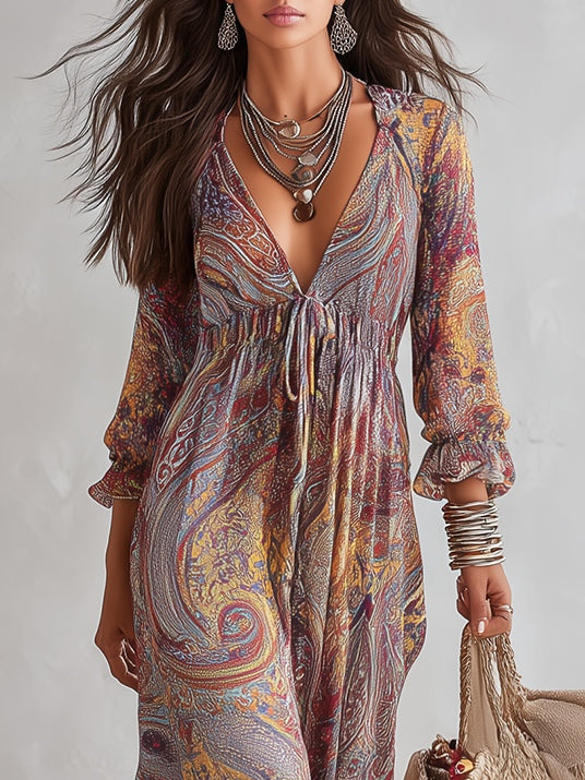 Vestido Maxi de Chifón con Estampado Paisley y Escote V